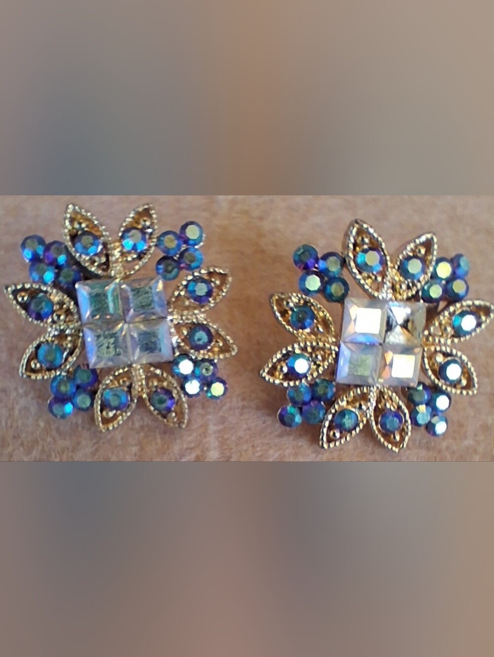 Vintage Gold Tone Floral Pierced Earrings with Iridescent Blue-Green Rhinestones